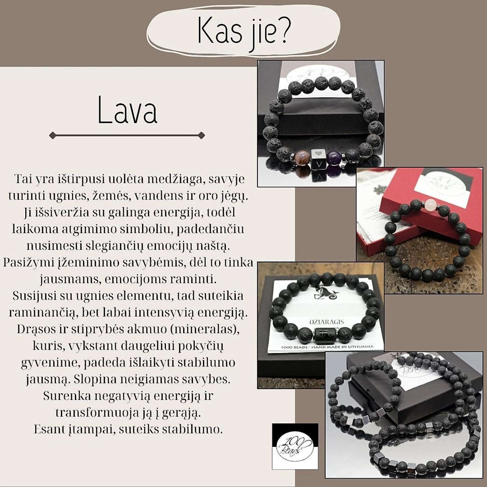 Vulkaninės lavos apyrankė su hematitu