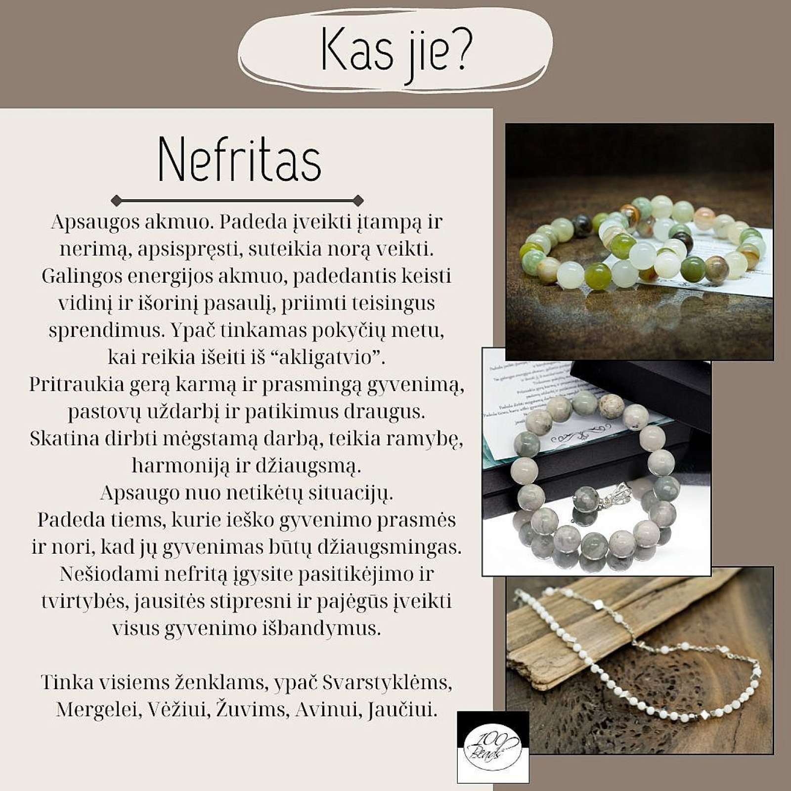 Balto nefrito vėrinys su hematitu + dovana auskarai