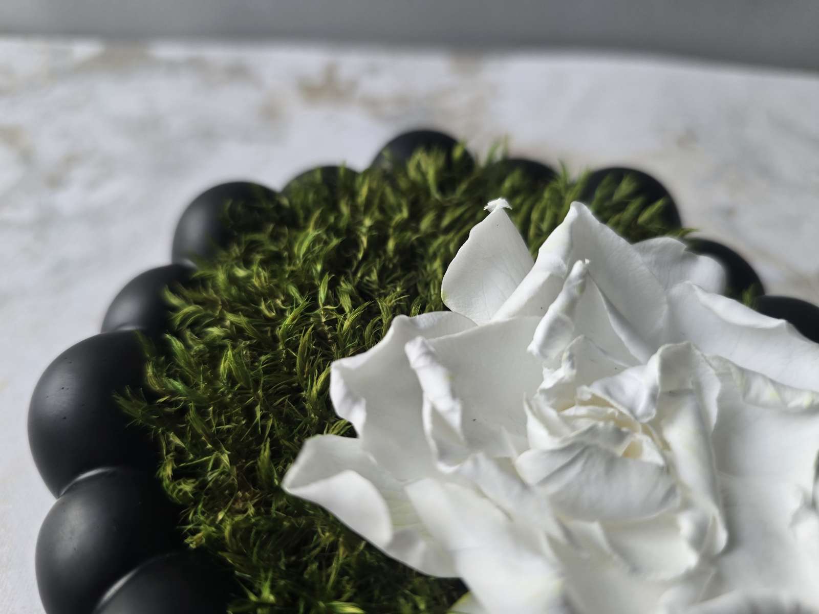 Provanso Įkvėpta Kompozicija su Balta Gardenija Debesies Formos Jesmonito Dubenyje
