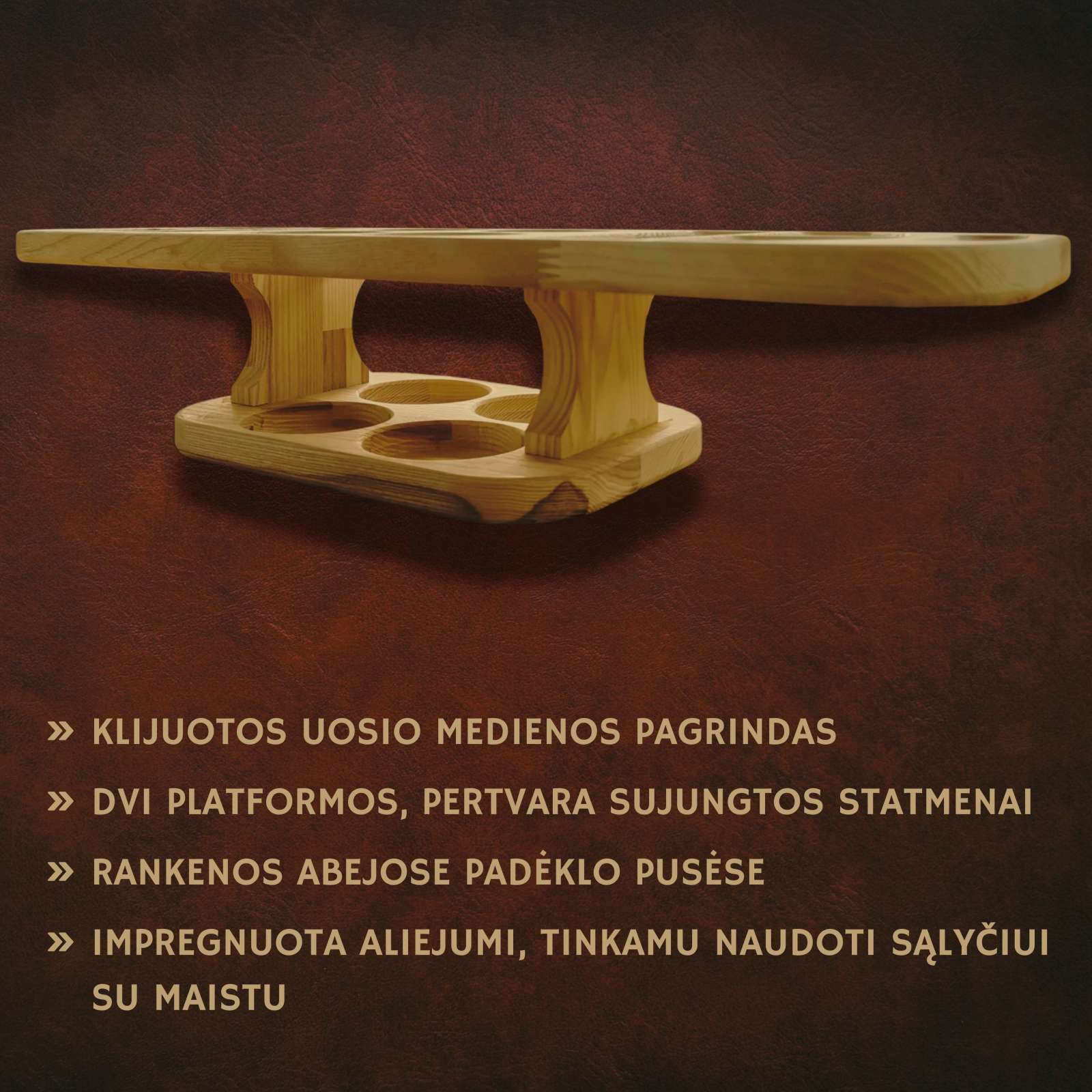 Medinis padėklas užkandžiams ir gėrimams