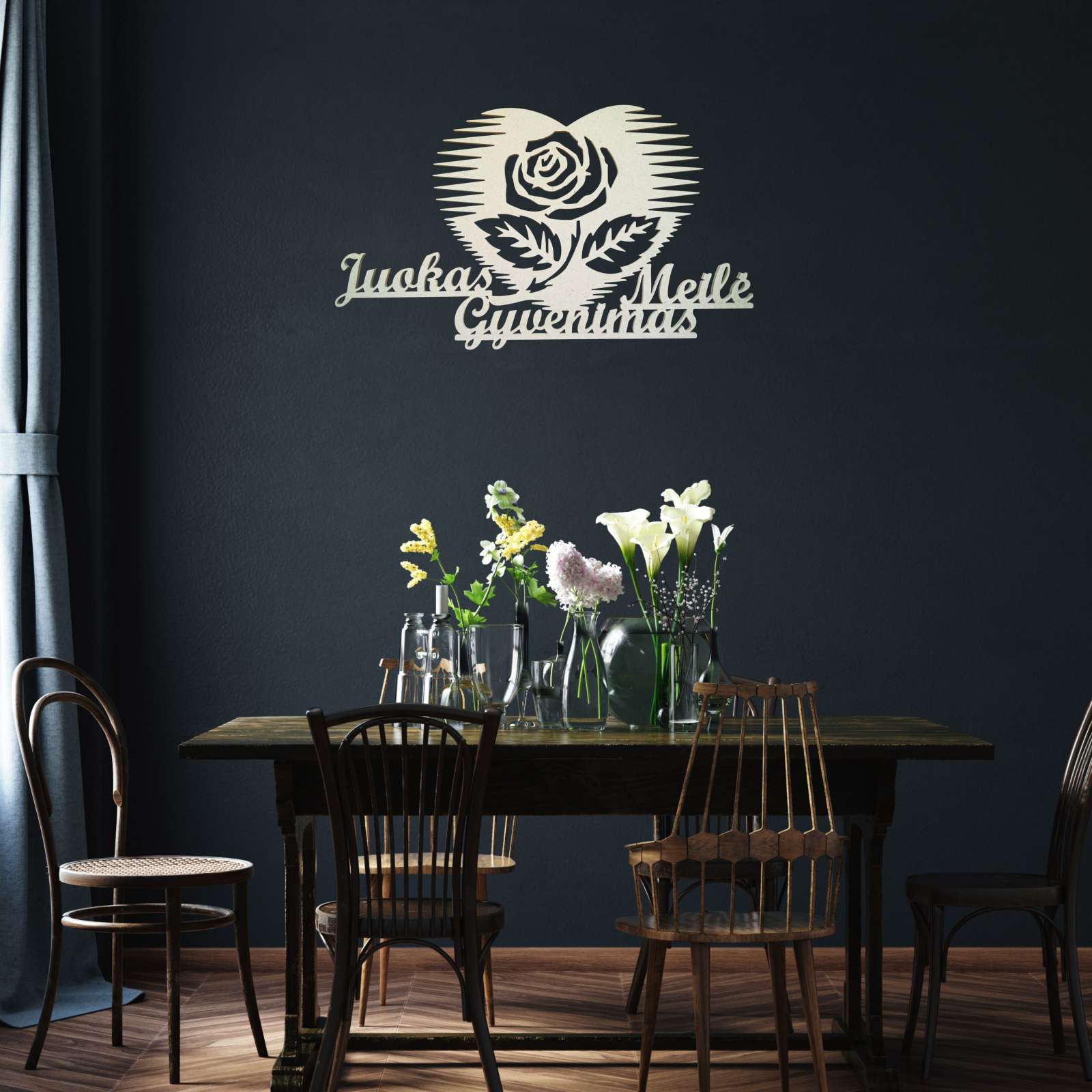 Medinė sienos dekoracija „Juokas, meilė, gyvenimas“