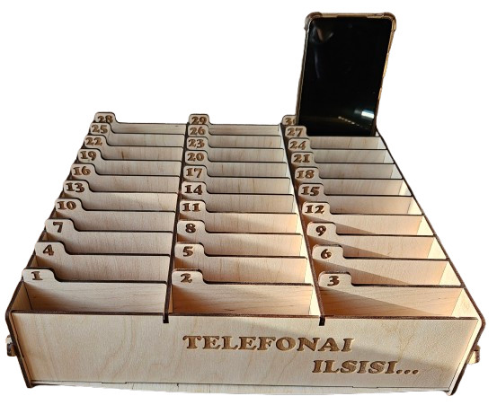 Medinė telefonų dėžutė (30 skyrelių) su individualiu graviravimu