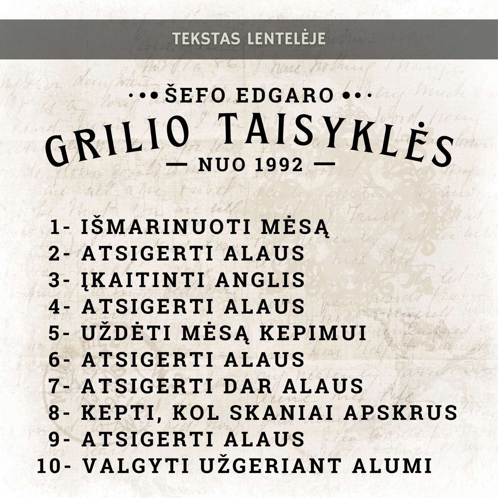 Personalizuota pjaustymo lentelė „Grilio taisyklės“
