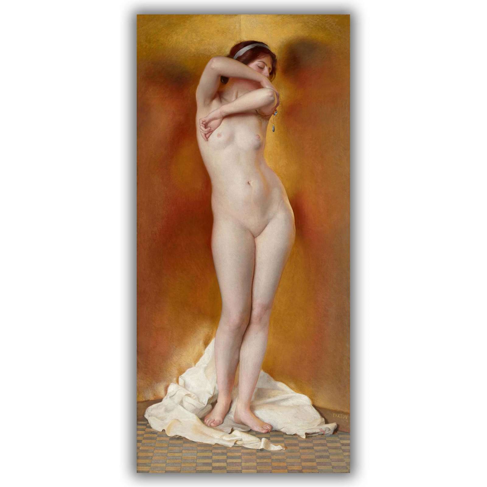 Reprodukcija „Aukso švytėjimas, perlų spindesys“, William McGregor Paxton (1906)