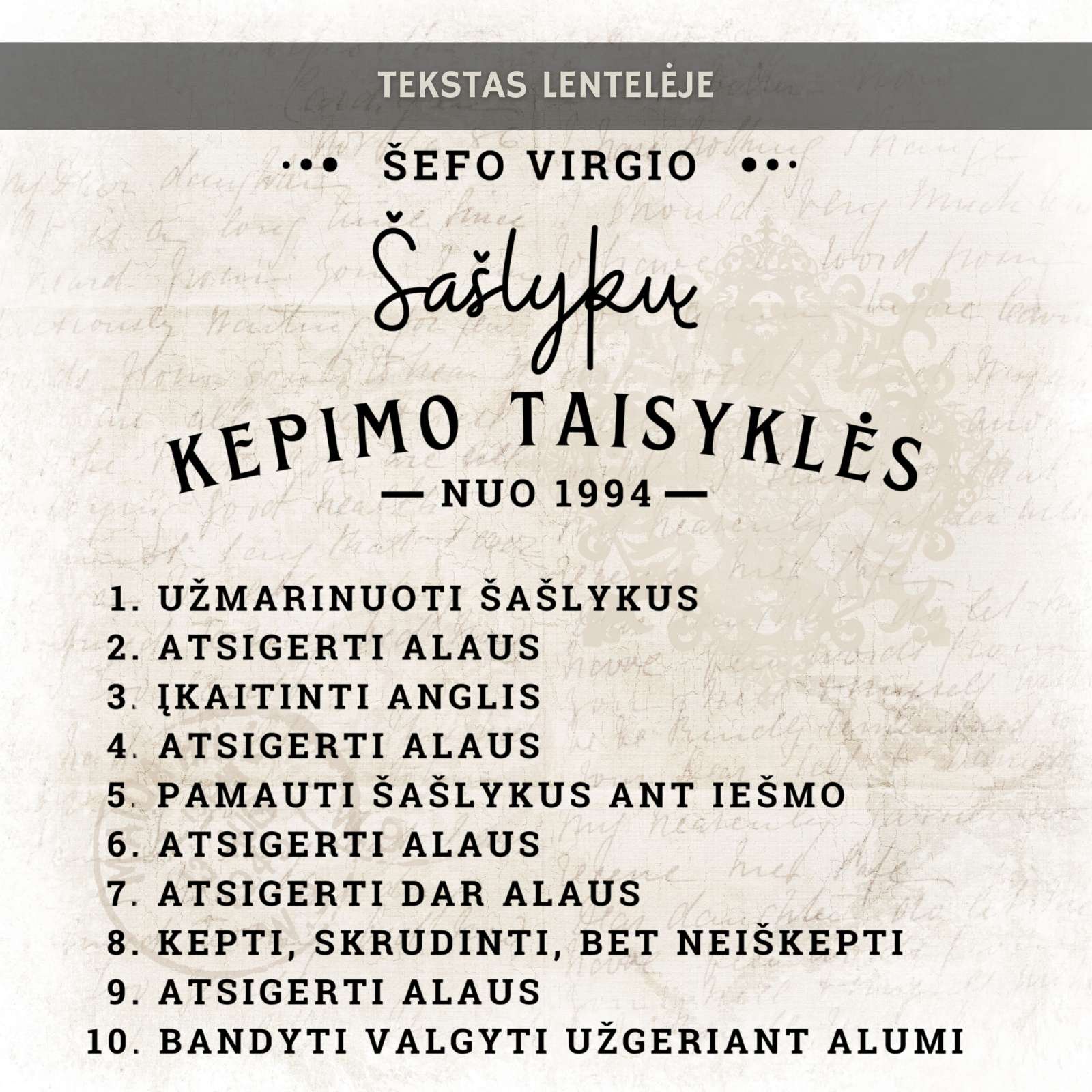Personalizuota pjaustymo lentelė „Šašlykų kepimo taisyklės“