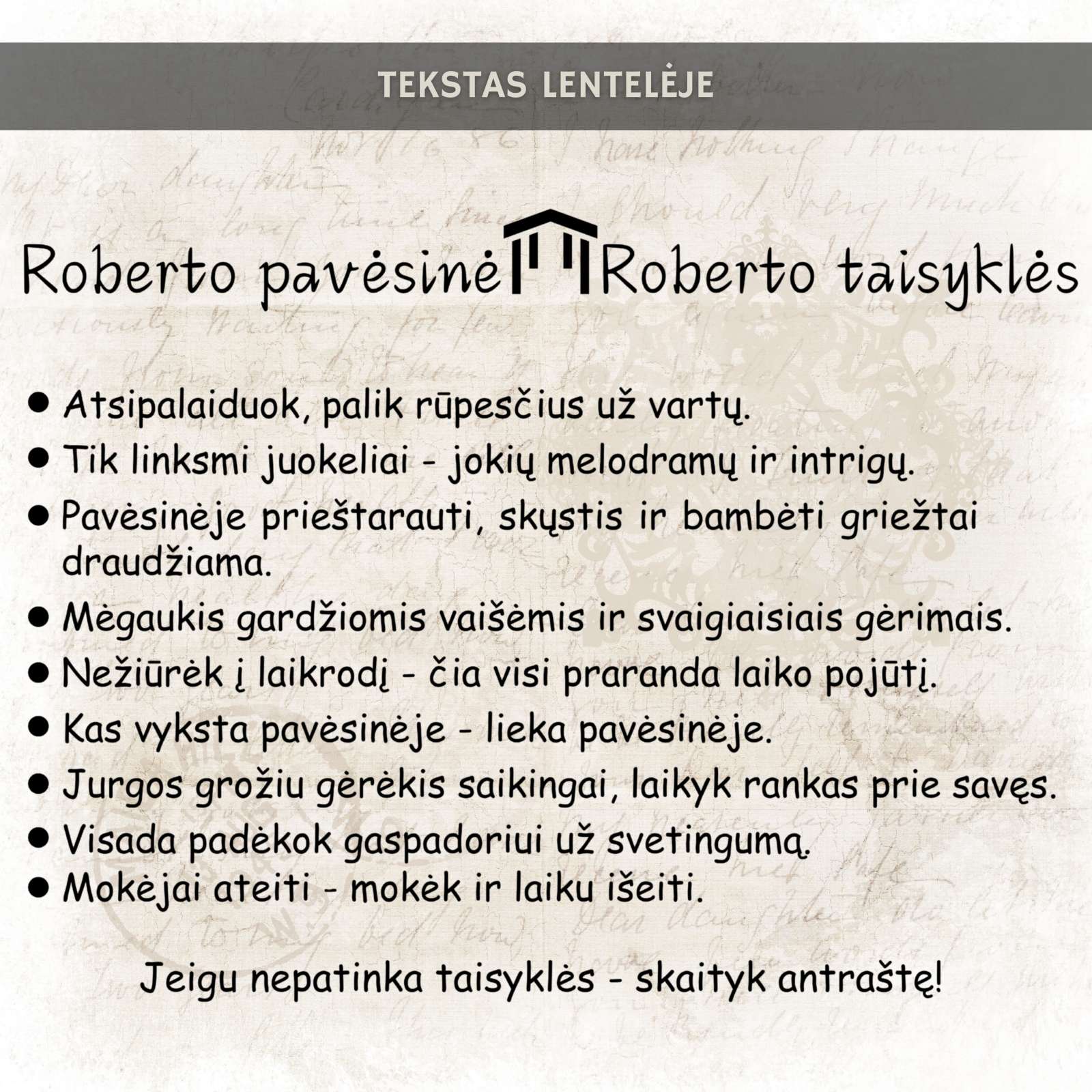 Personalizuota lentelė „Pavėsinės taisyklės“