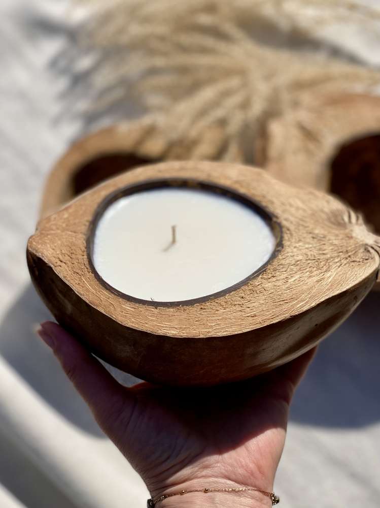 Žvakė Kokosas, Kokoso kevalo žvakė, Unikali dovanos idėja, Namų įkurtuvių dovana, Boho namai, Bali dekoras, Ekologiška žvakė
