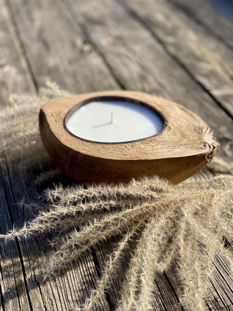 Žvakė Kokosas, Kokoso kevalo žvakė, Unikali dovanos idėja, Namų įkurtuvių dovana, Boho namai, Bali dekoras, Ekologiška žvakė
