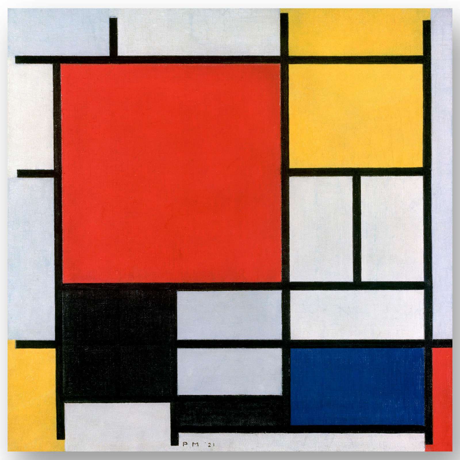 Reprodukcija „Kompozicija su raudona, geltona, mėlyna ir juoda“, Piet Mondrian (1921)