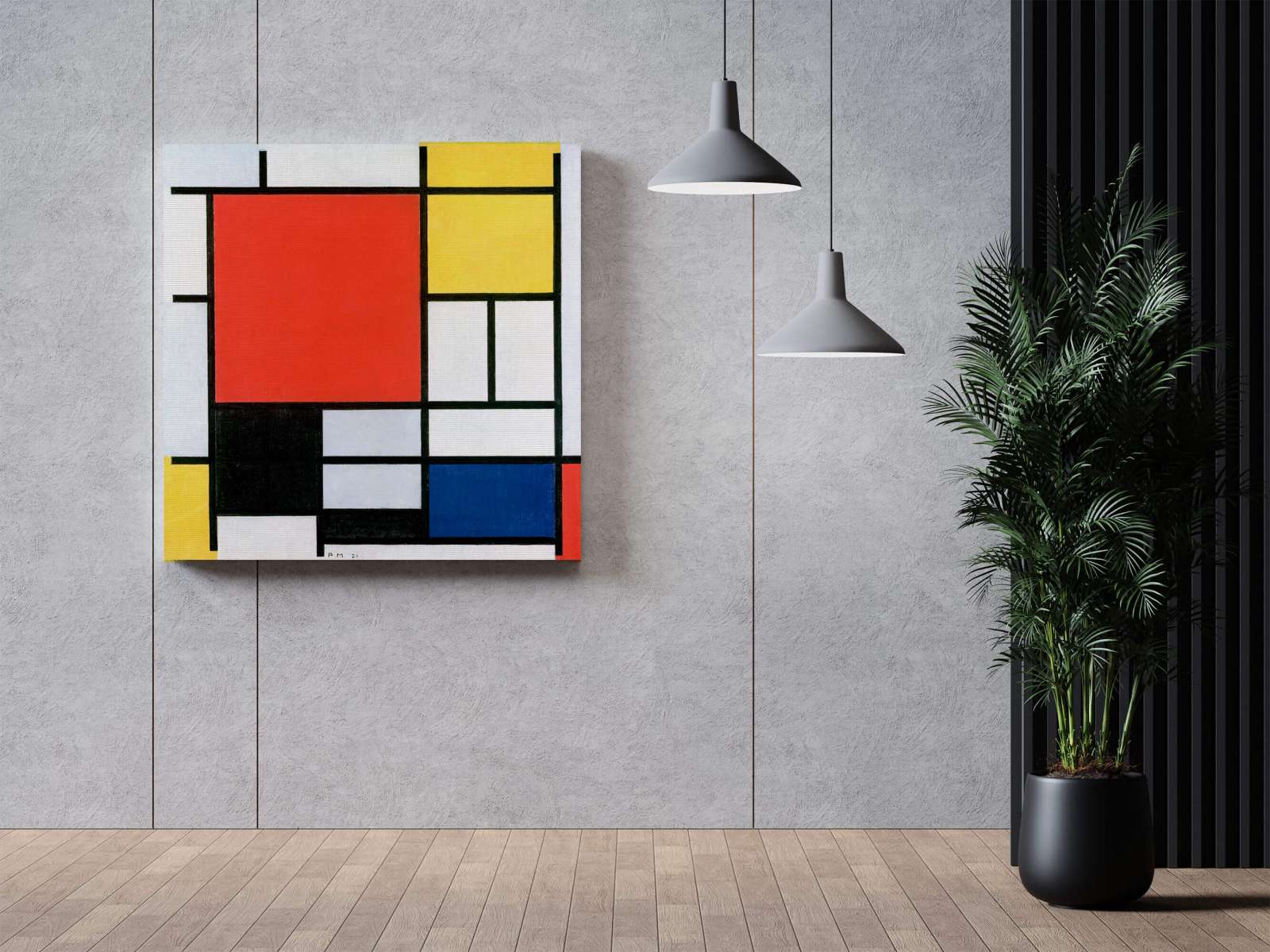Reprodukcija „Kompozicija su raudona, geltona, mėlyna ir juoda“, Piet Mondrian (1921)