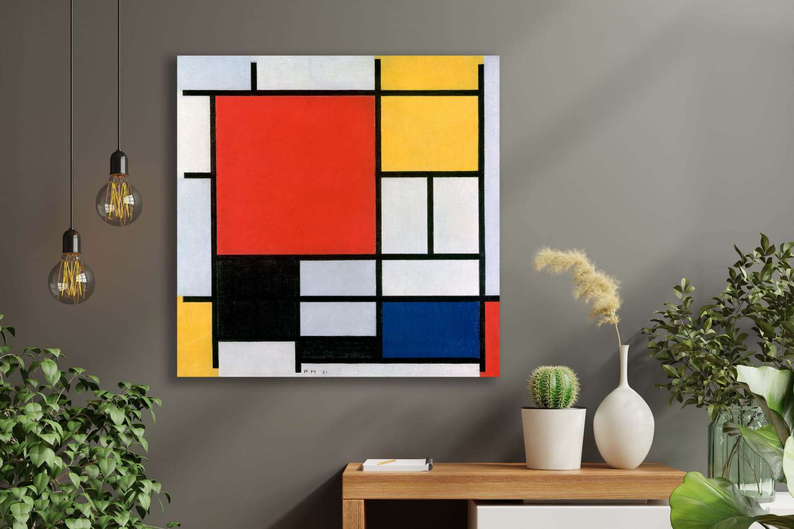 Reprodukcija „Kompozicija su raudona, geltona, mėlyna ir juoda“, Piet Mondrian (1921)