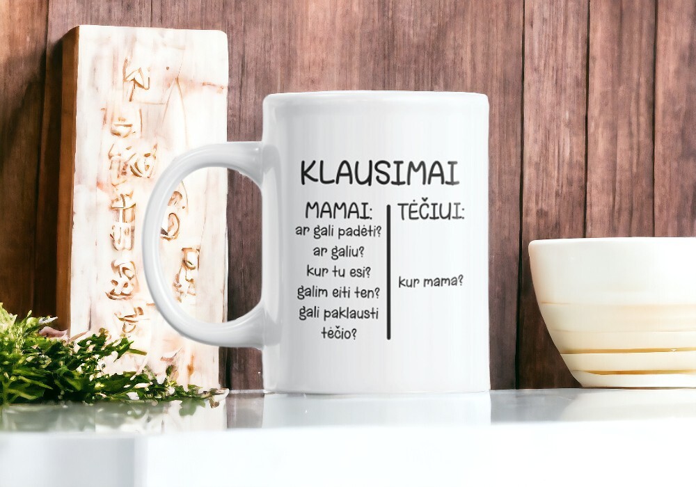 Standartinis puodelis „Klausimai mamai, tėčiui“