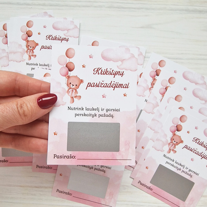 Rožinės nutrinamos kortelės su krikštynų pasižadėjimais