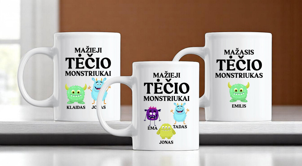 Standartinis puodelis „Mažieji tėčio monstriukai“ (Su jūsų vaikučių vardais)