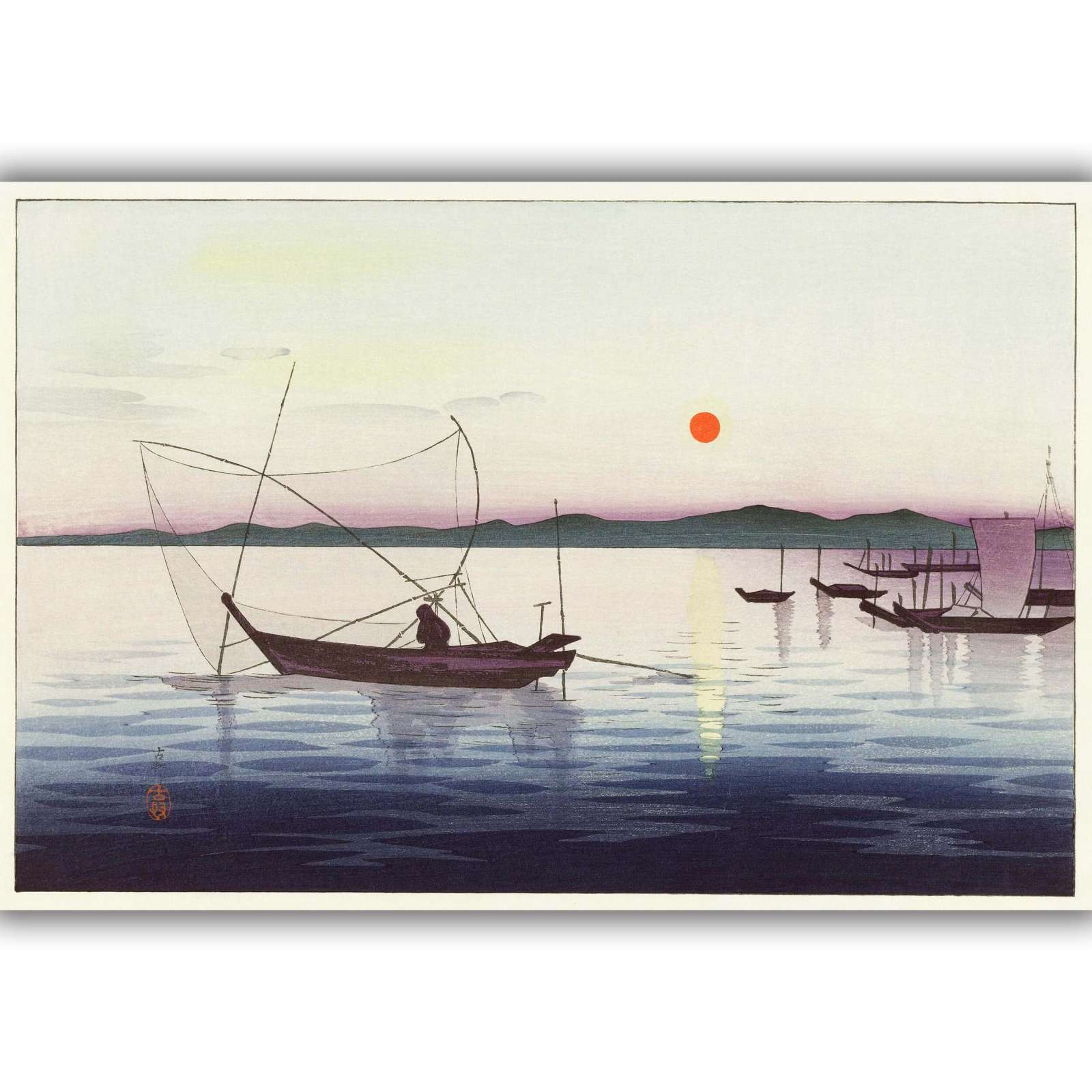 Reprodukcija „Valtys ir besileidžianti saulė“, Ohara Koson