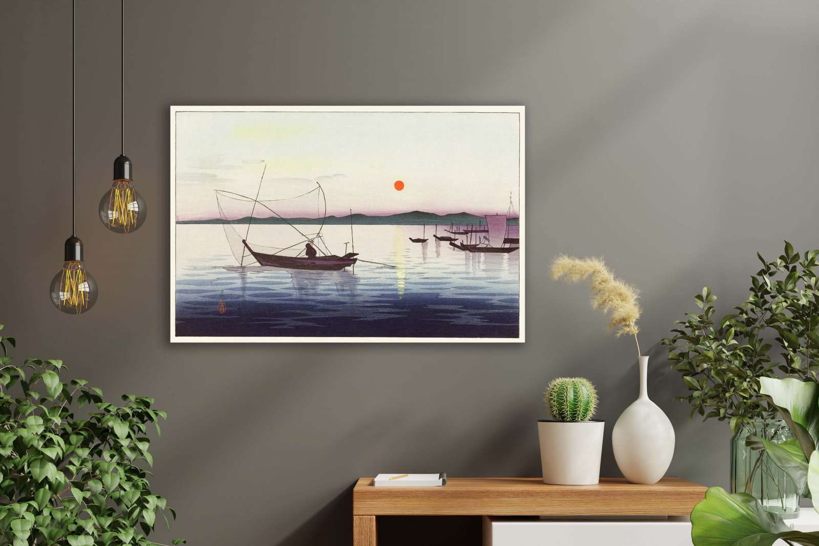 Reprodukcija „Valtys ir besileidžianti saulė“, Ohara Koson
