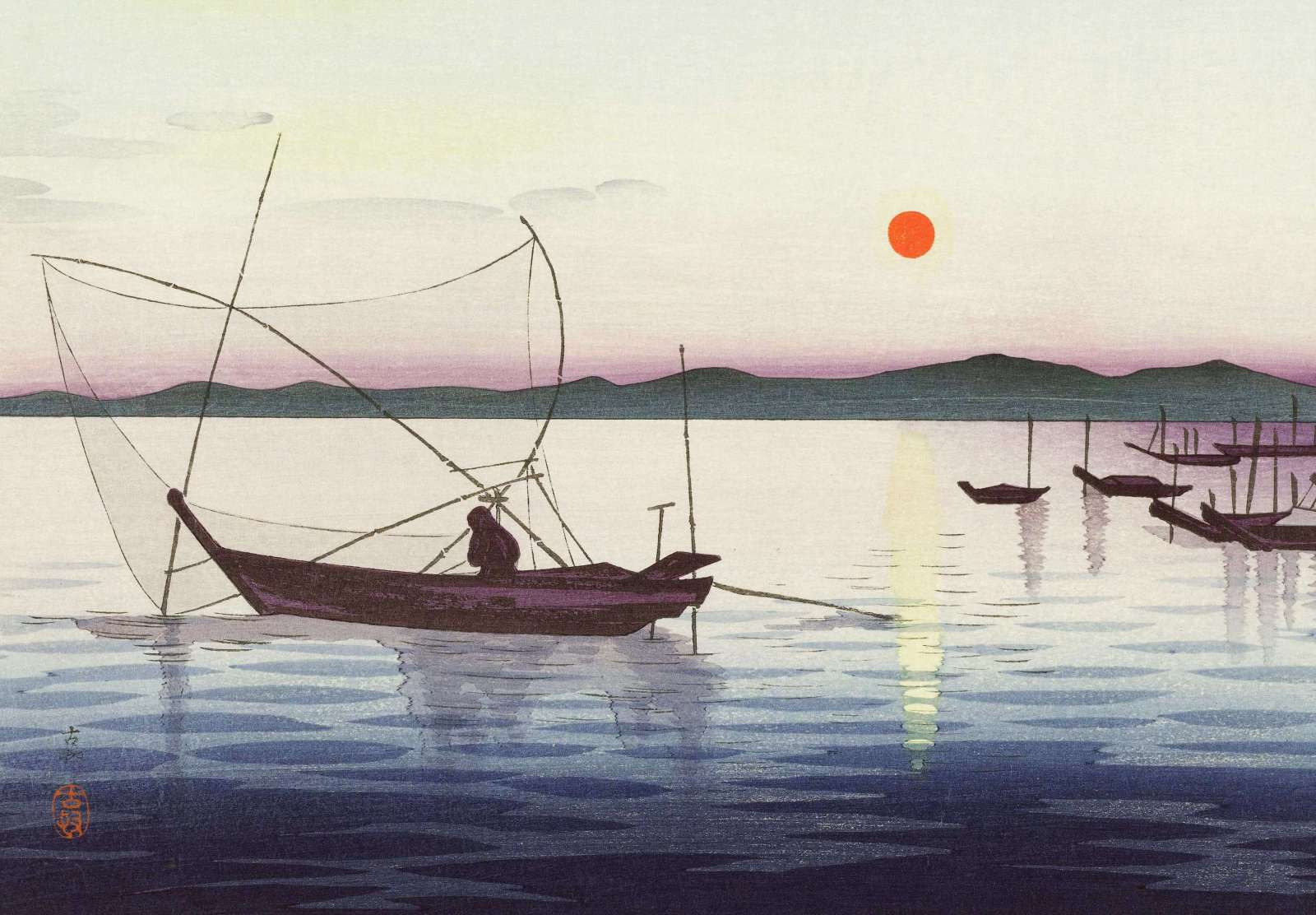 Reprodukcija „Valtys ir besileidžianti saulė“, Ohara Koson