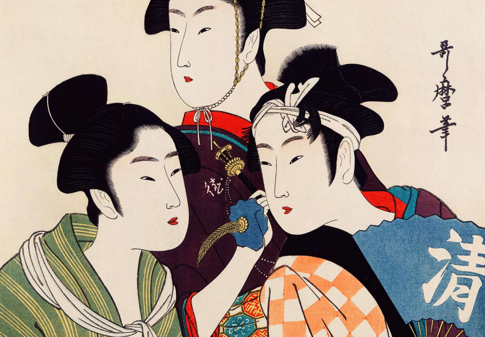 Reprodukcija „Trys jauni vyrai“, Utamaro Kitagawa