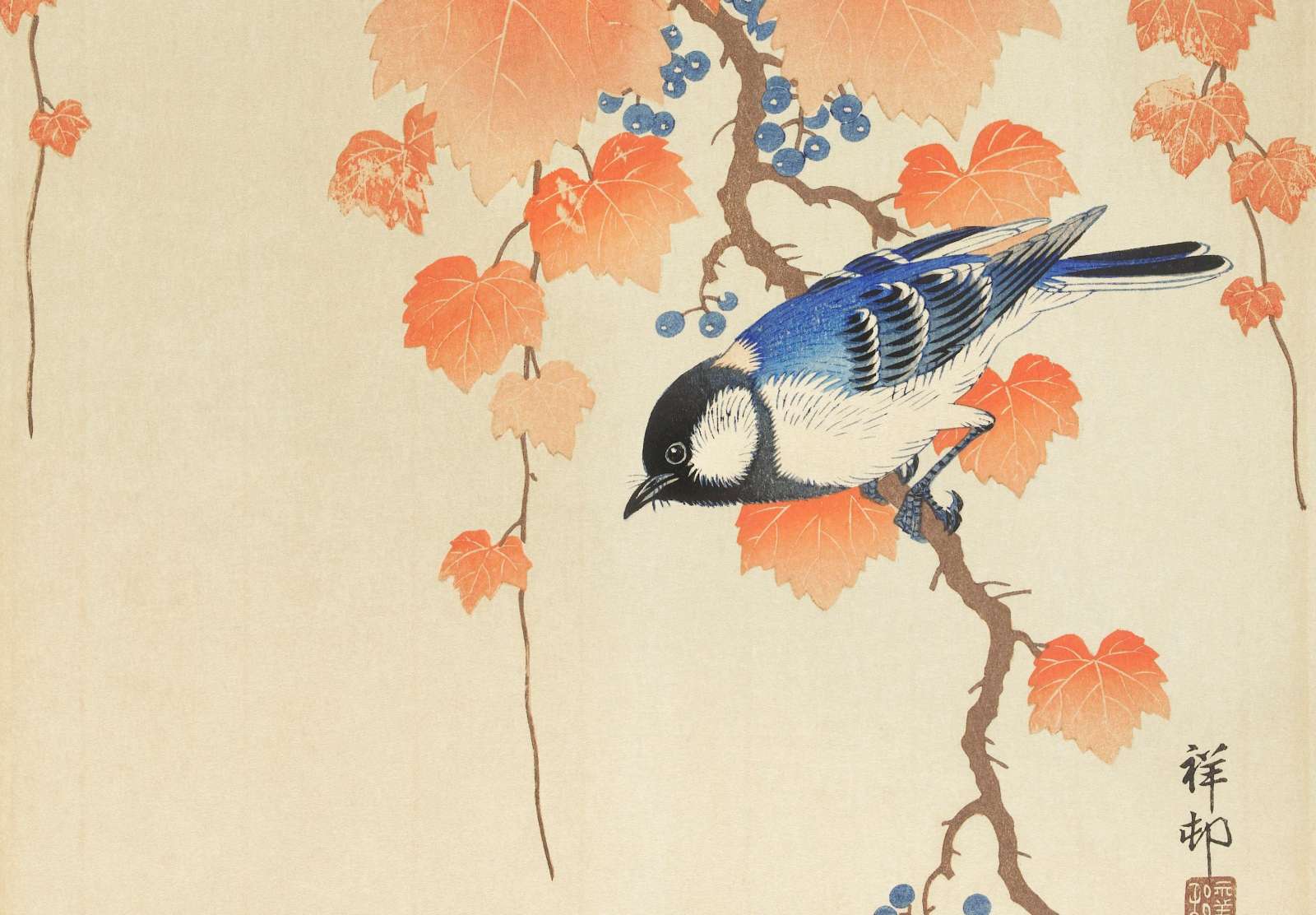 Reprodukcija „Didžioji zylė ant šakelės“, Ohara Koson