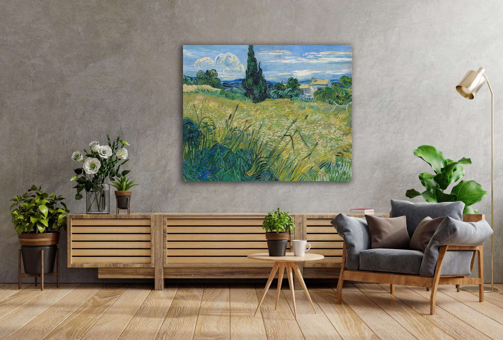 Reprodukcija „Žalias kviečių laukas su kiparisais“, Vincent van Gogh (1889)