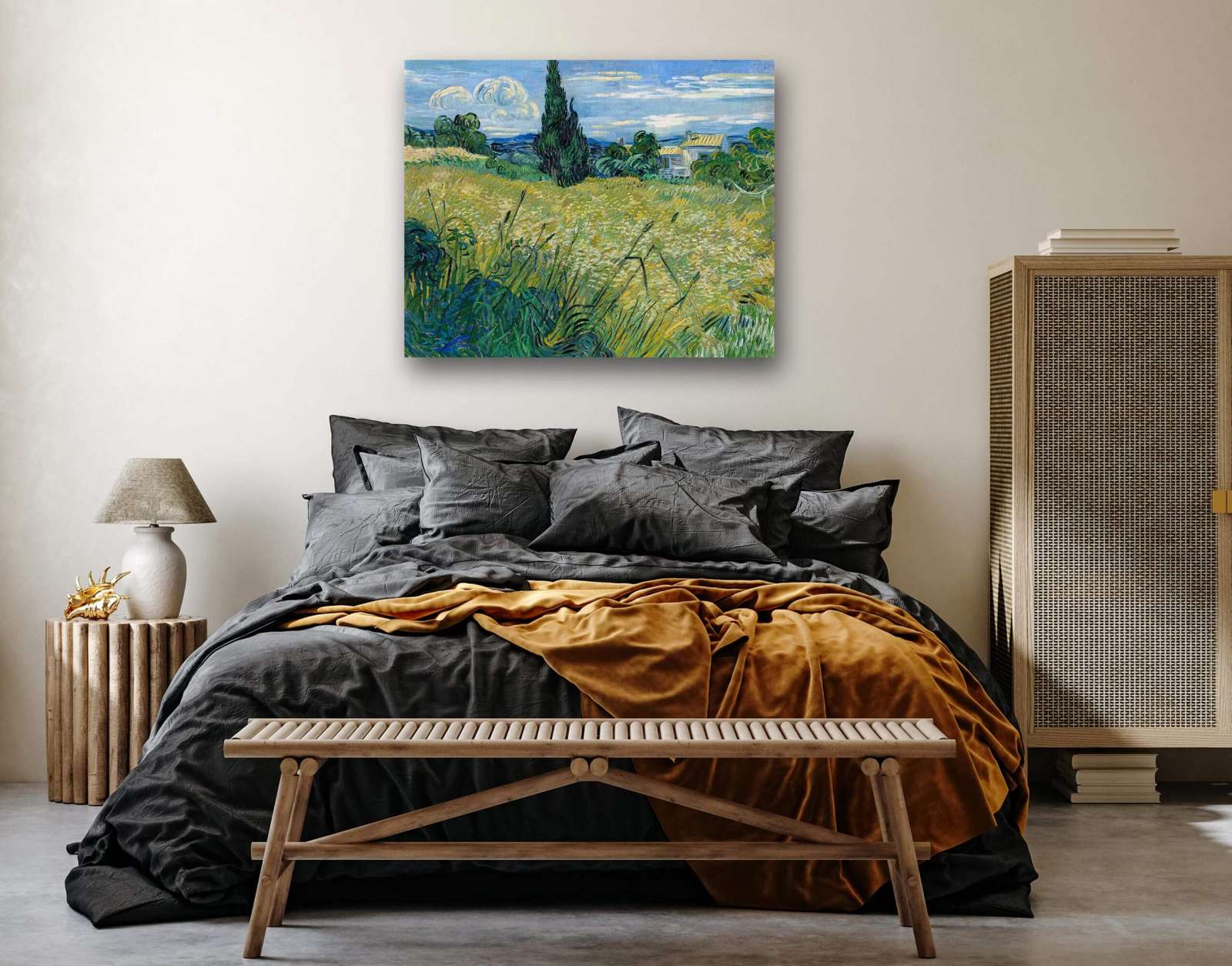 Reprodukcija „Žalias kviečių laukas su kiparisais“, Vincent van Gogh (1889)