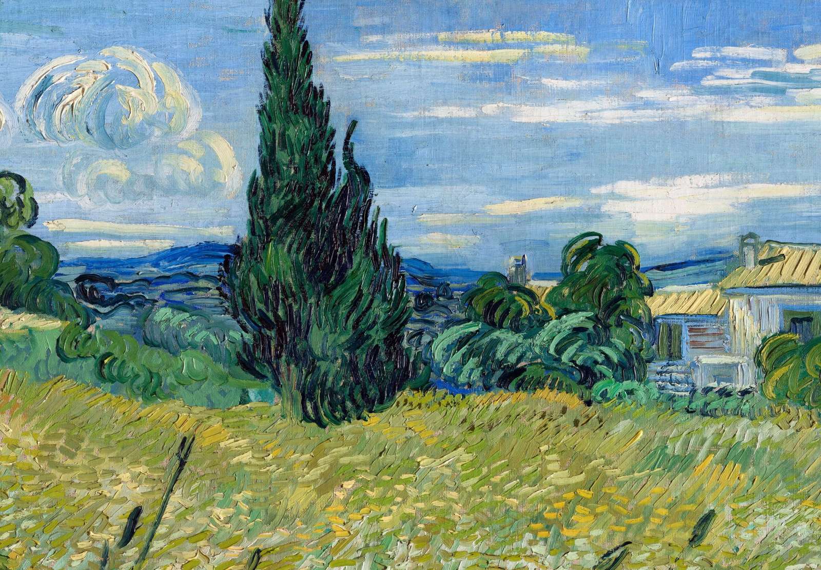 Reprodukcija „Žalias kviečių laukas su kiparisais“, Vincent van Gogh (1889)