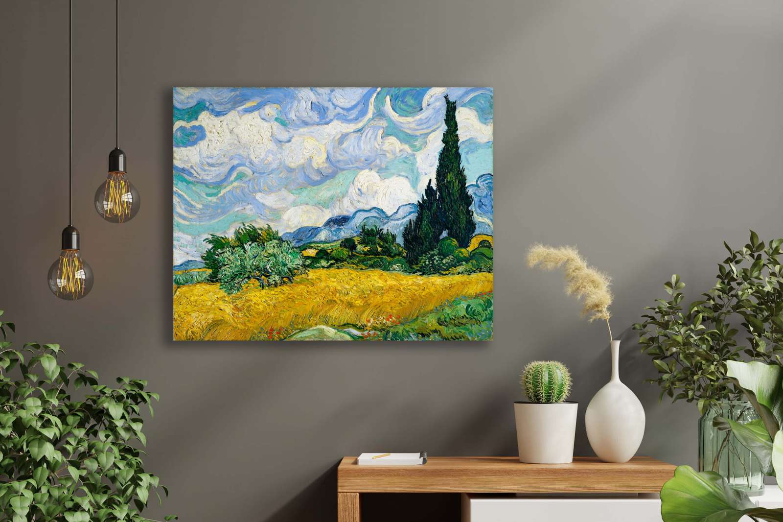 Reprodukcija „Kviečių laukas su kiparisais“, Vincent van Gogh (1889)