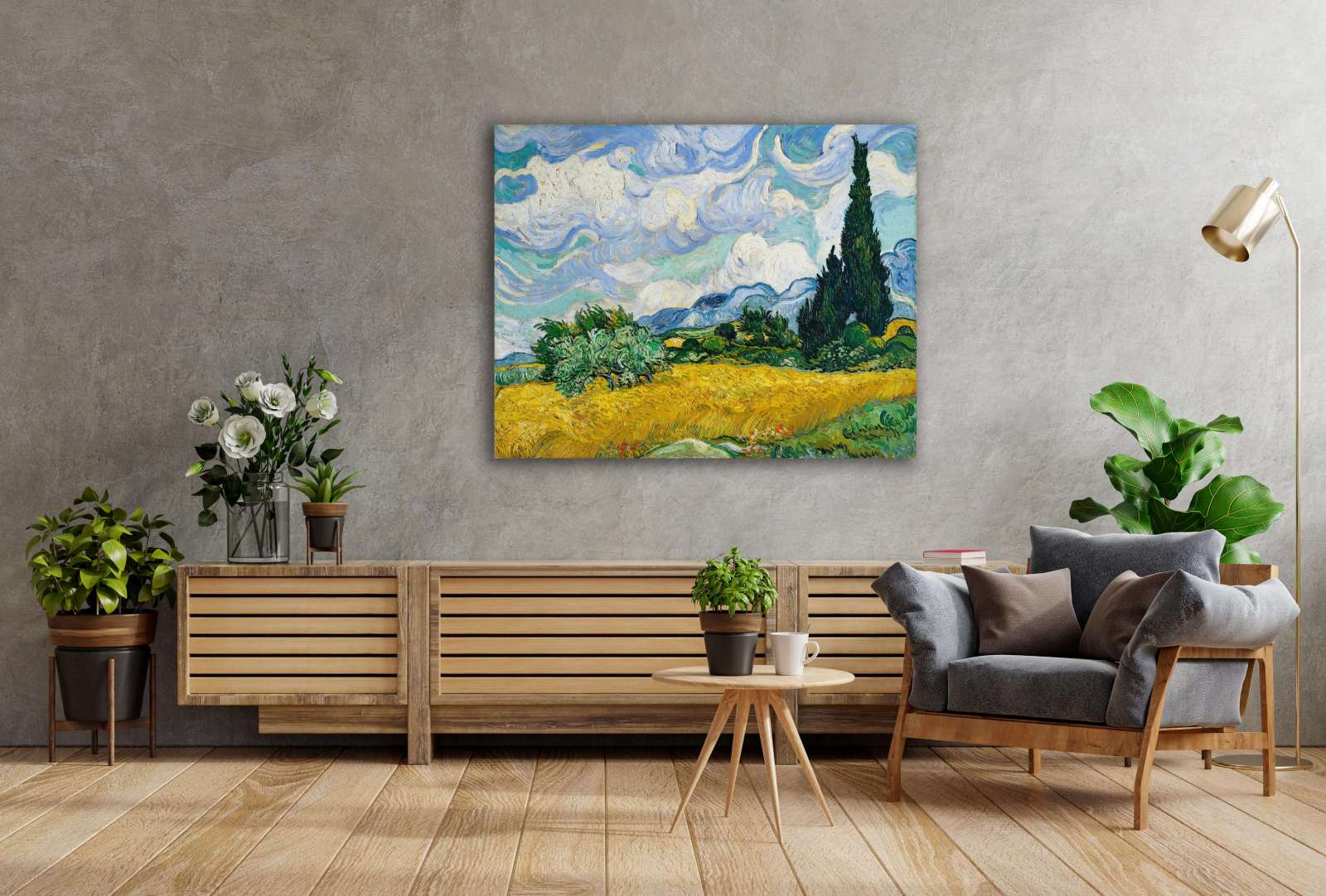 Reprodukcija „Kviečių laukas su kiparisais“, Vincent van Gogh (1889)