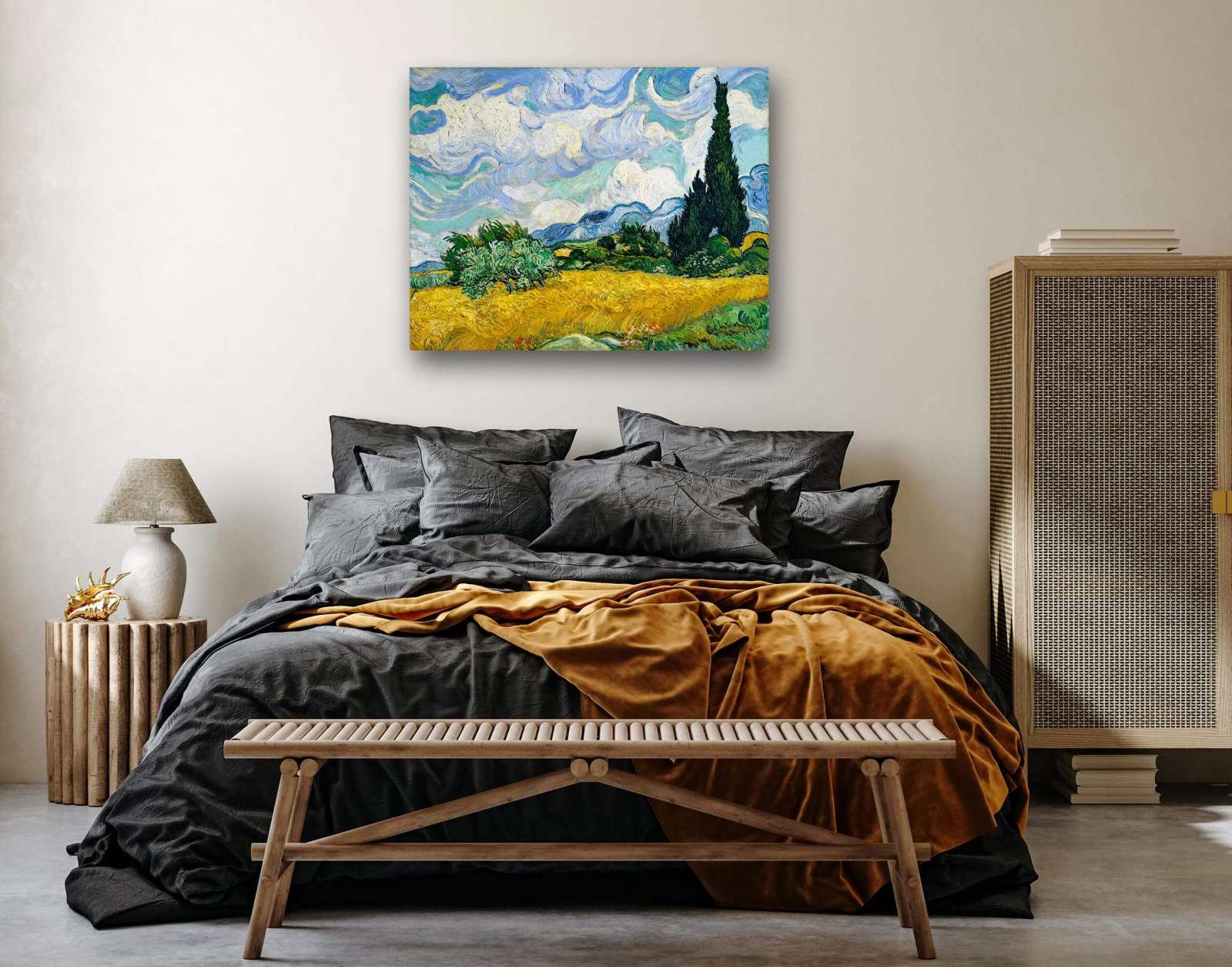 Reprodukcija „Kviečių laukas su kiparisais“, Vincent van Gogh (1889)