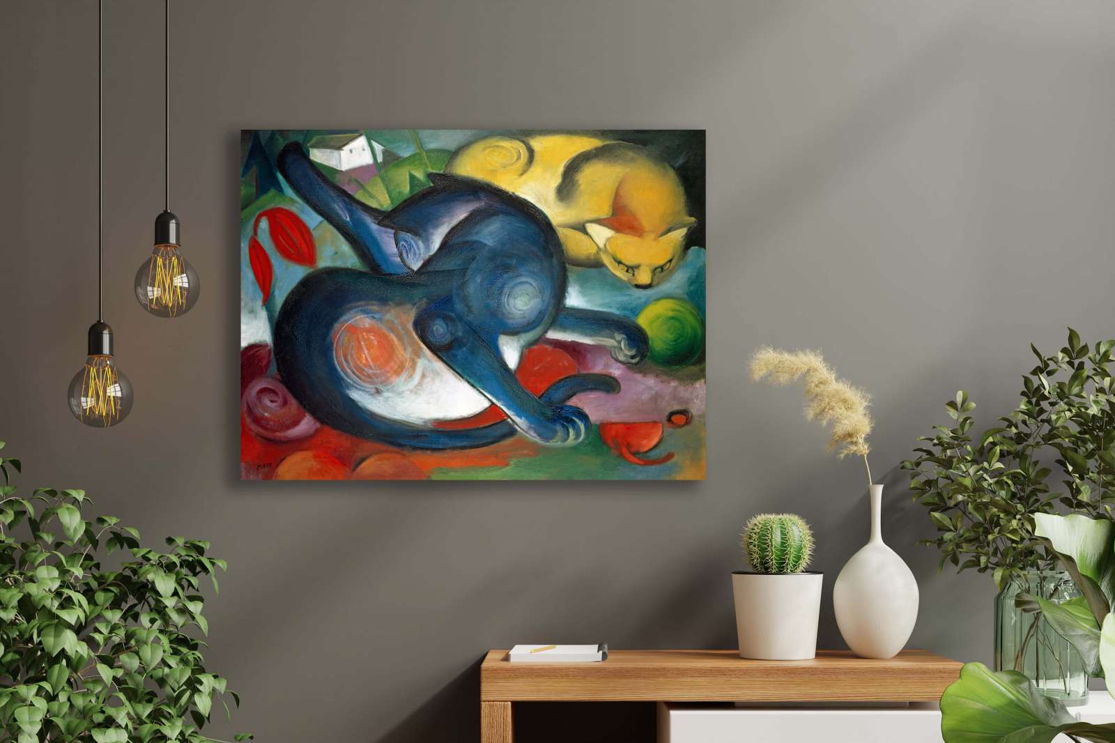Reprodukcija „Dvi katės, mėlyna ir geltona“, Franz Marc