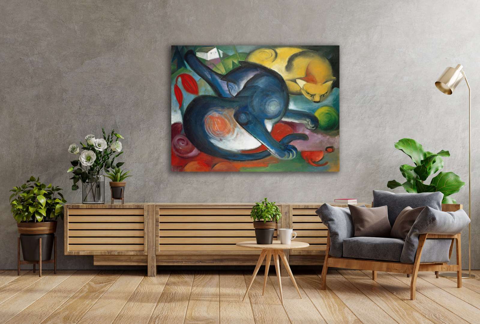 Reprodukcija „Dvi katės, mėlyna ir geltona“, Franz Marc