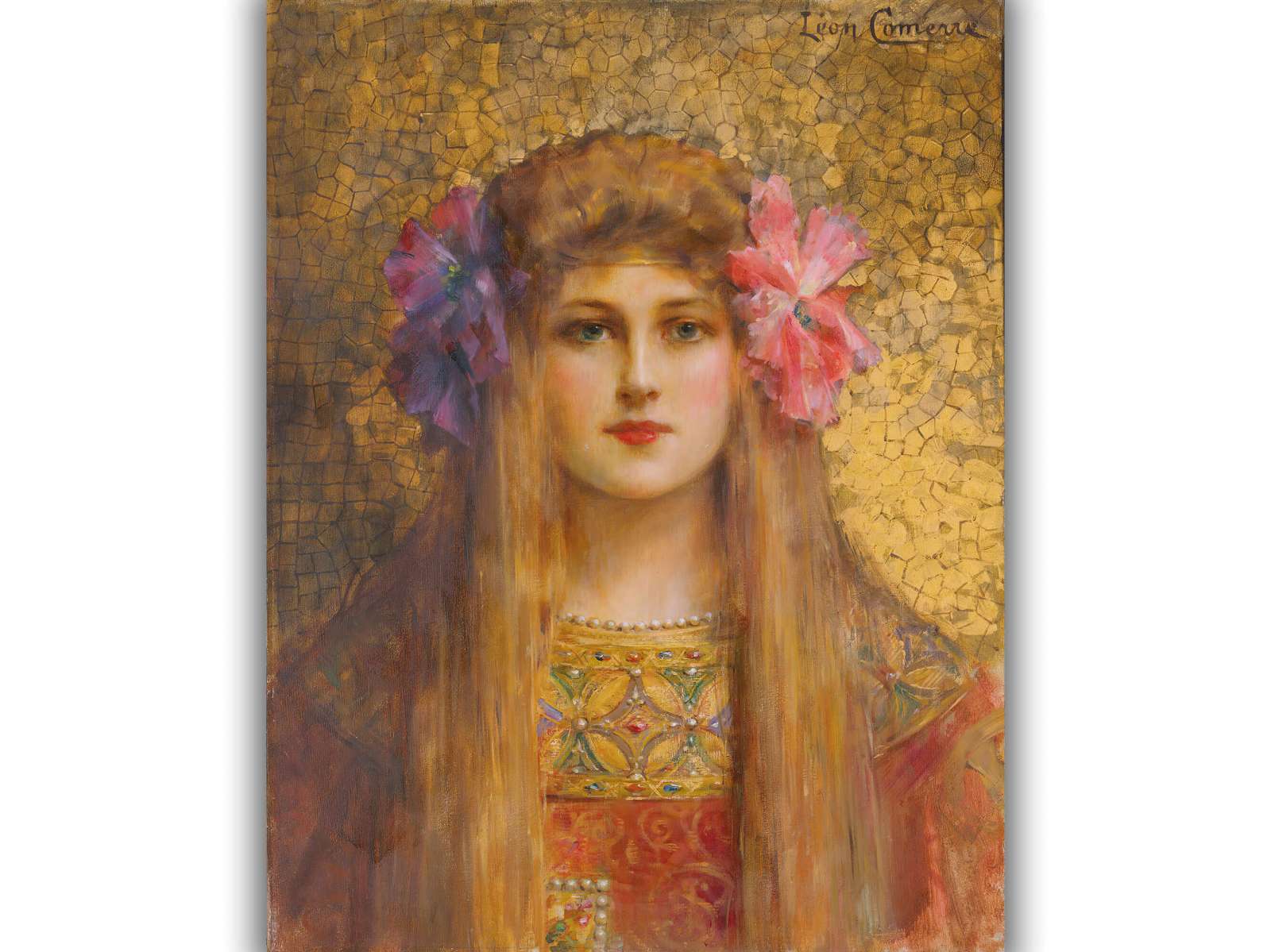 Reprodukcija „Moteris su gėlių turbanu“, Léon François Comerre