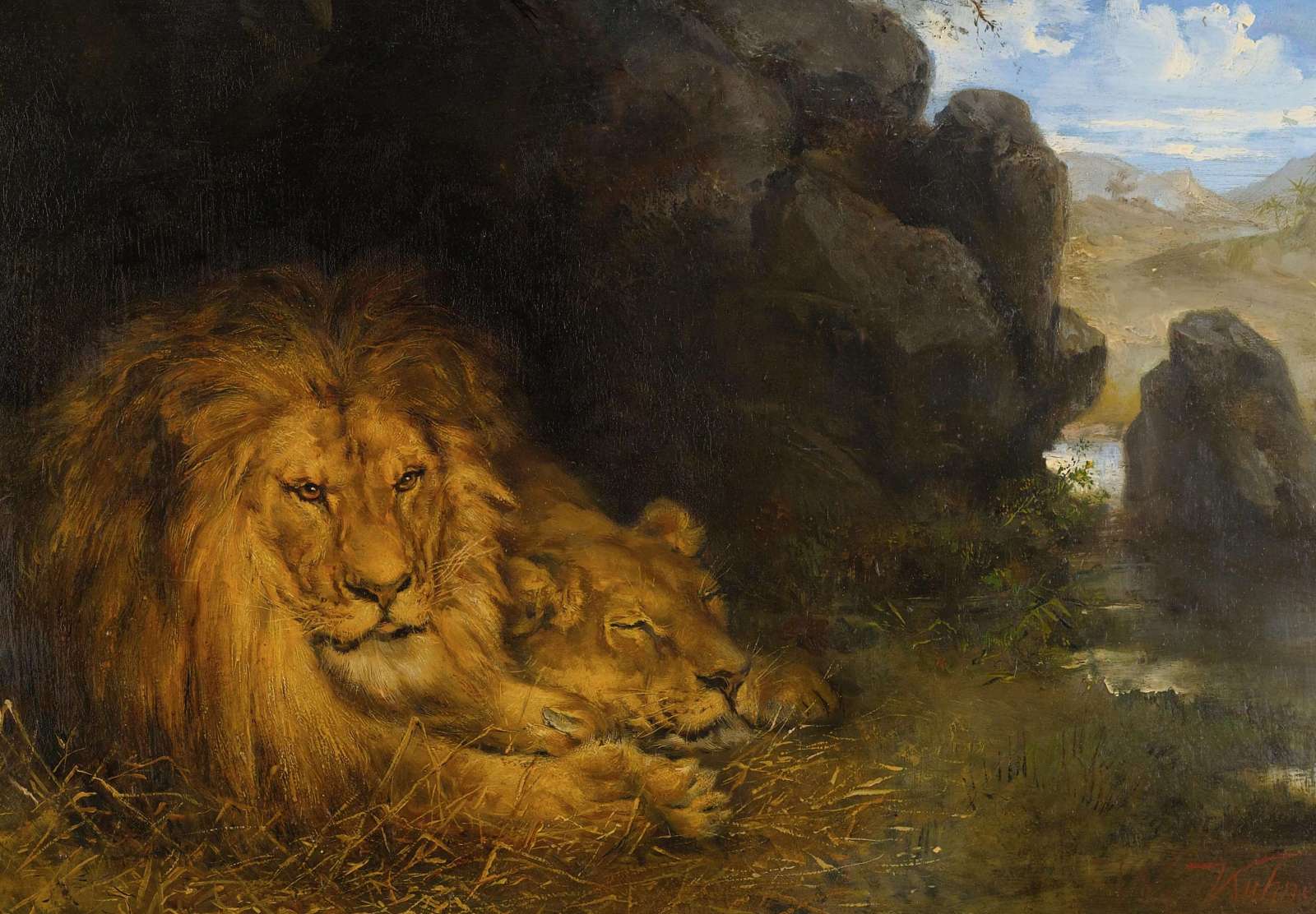 Reprodukcija „Du liūtai urve“, Wilhelm Kuhnert (1890)