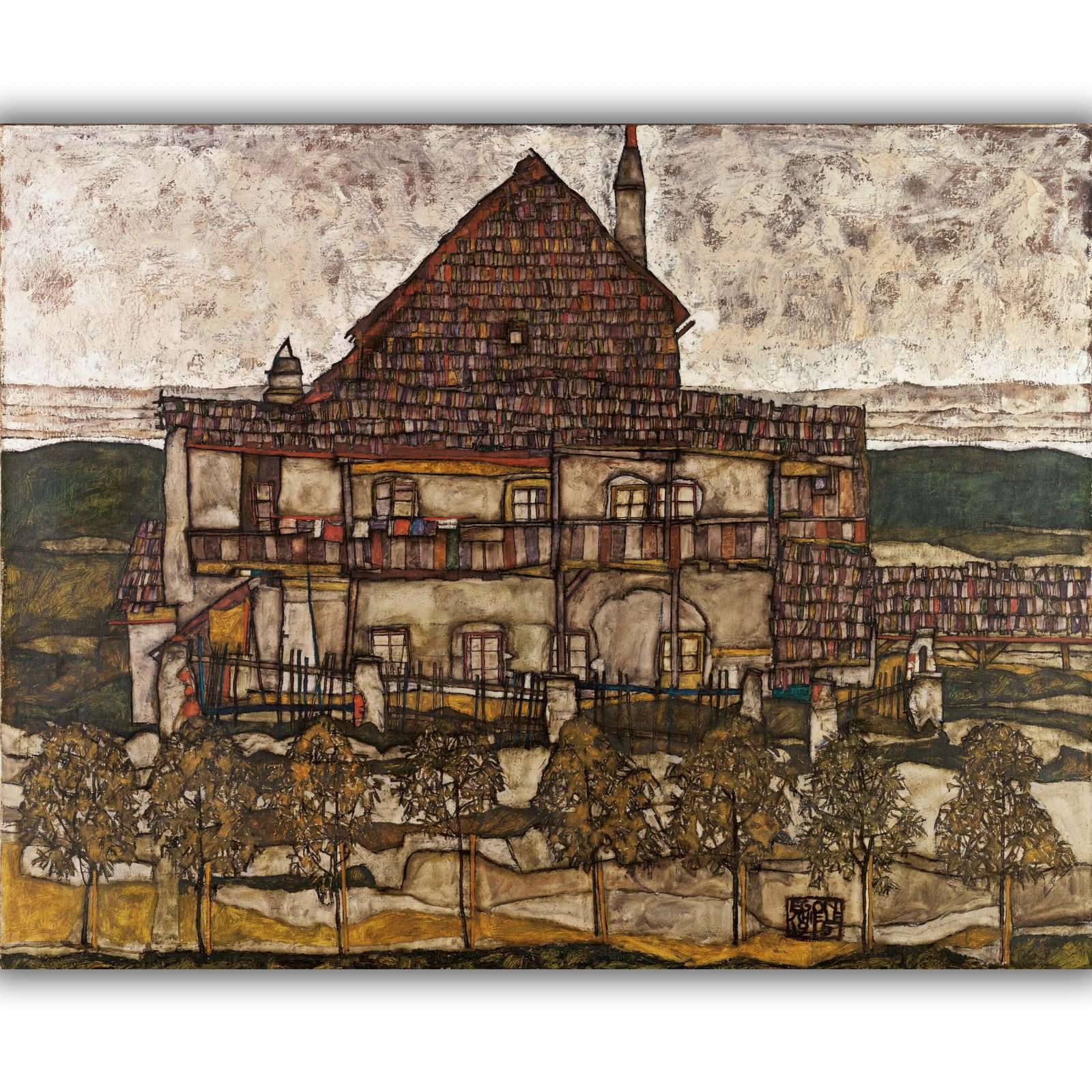 Reprodukcija „Namas su čerpių stogu“, Egon Schiele (1915)