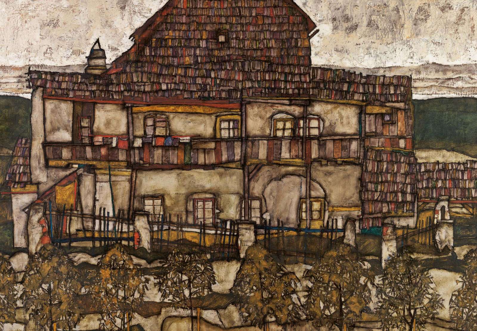 Reprodukcija „Namas su čerpių stogu“, Egon Schiele (1915)