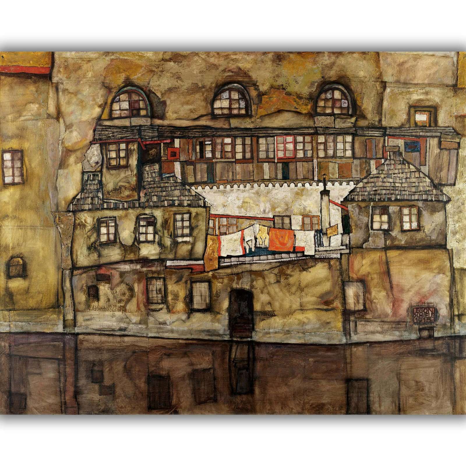 Reprodukcija „Namai ant upės kranto“, Egon Schiele (1915)