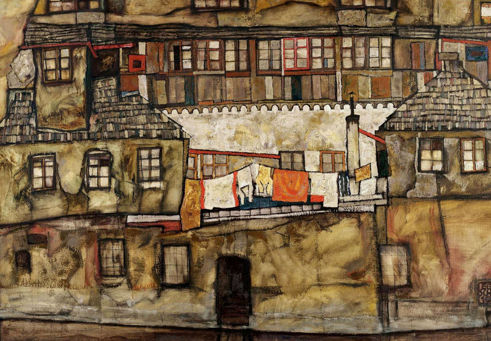 Reprodukcija „Namai ant upės kranto“, Egon Schiele (1915)