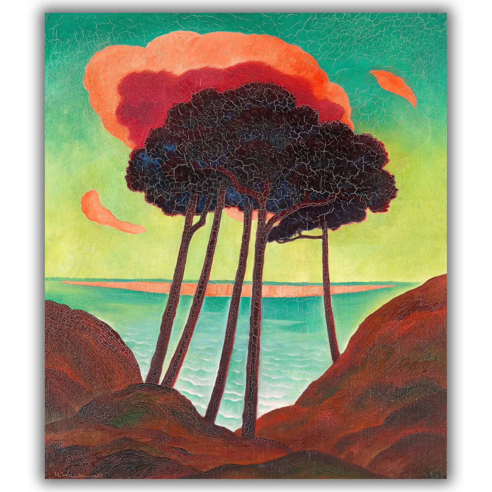 Reprodukcija „Pušys su raudonu debesiu“, Gustav Wunderwald (1909)