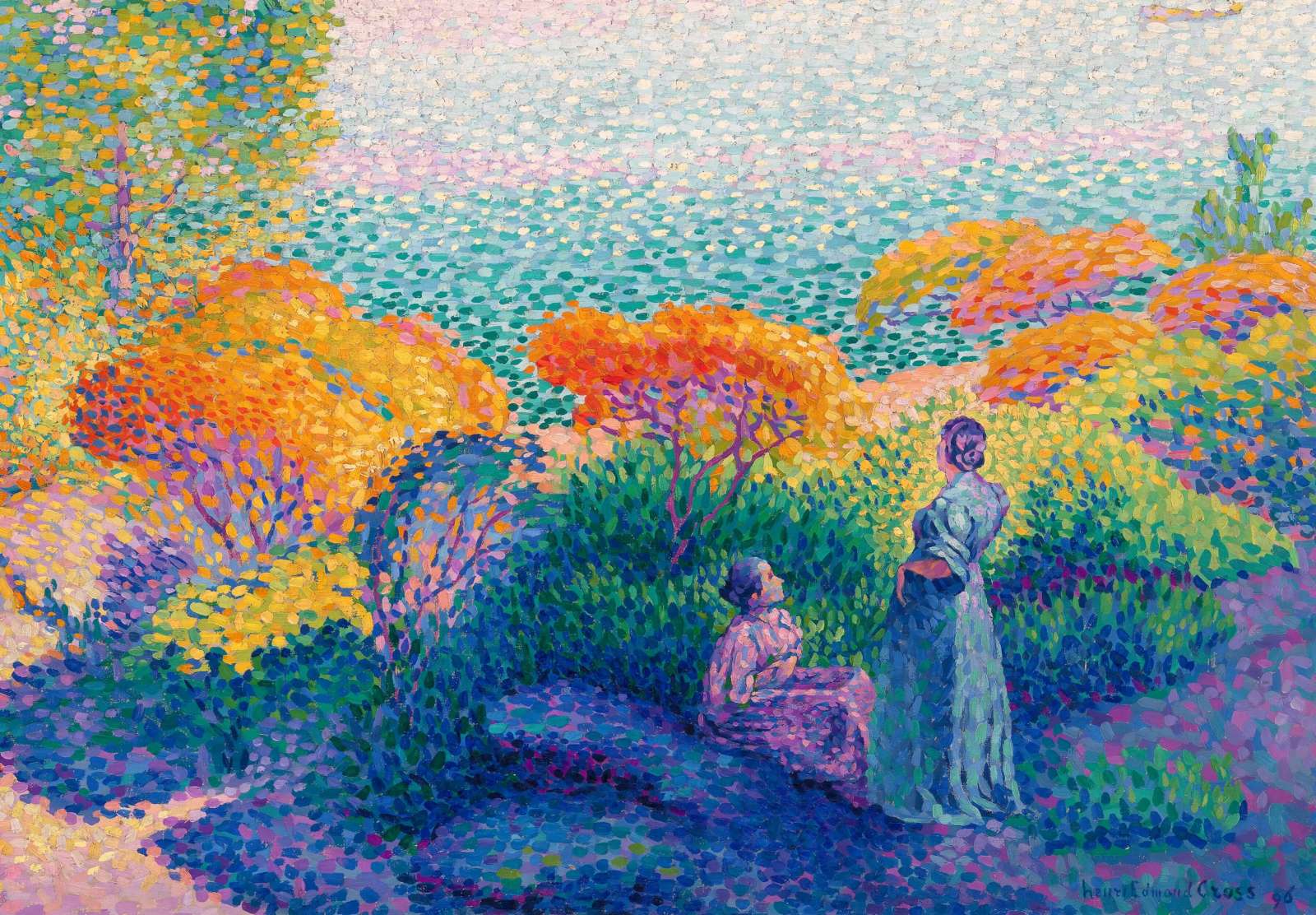 Reprodukcija „Dvi moterys prie kranto, Viduržemio jūra“, Henri-Edmond Cross (1896)