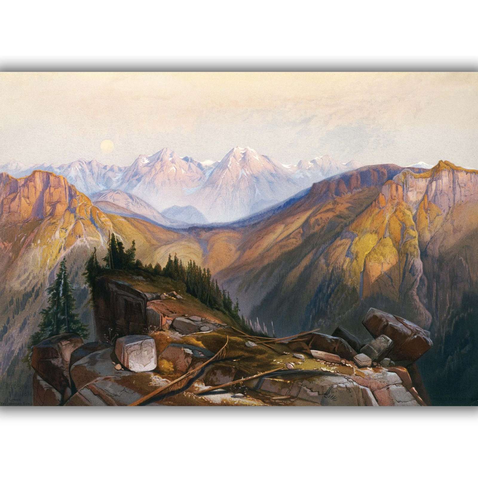 Reprodukcija „Žemutinis Jeloustouno kalnagūbris“, Thomas Moran (1875)