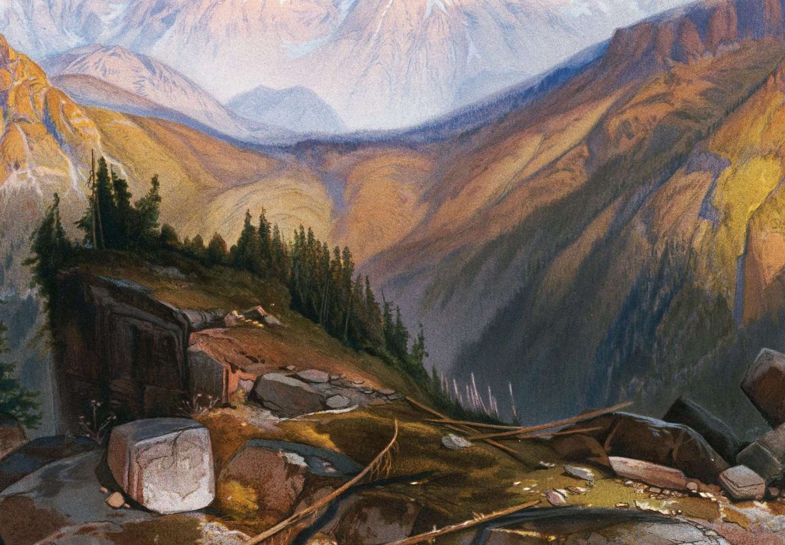 Reprodukcija „Žemutinis Jeloustouno kalnagūbris“, Thomas Moran (1875)