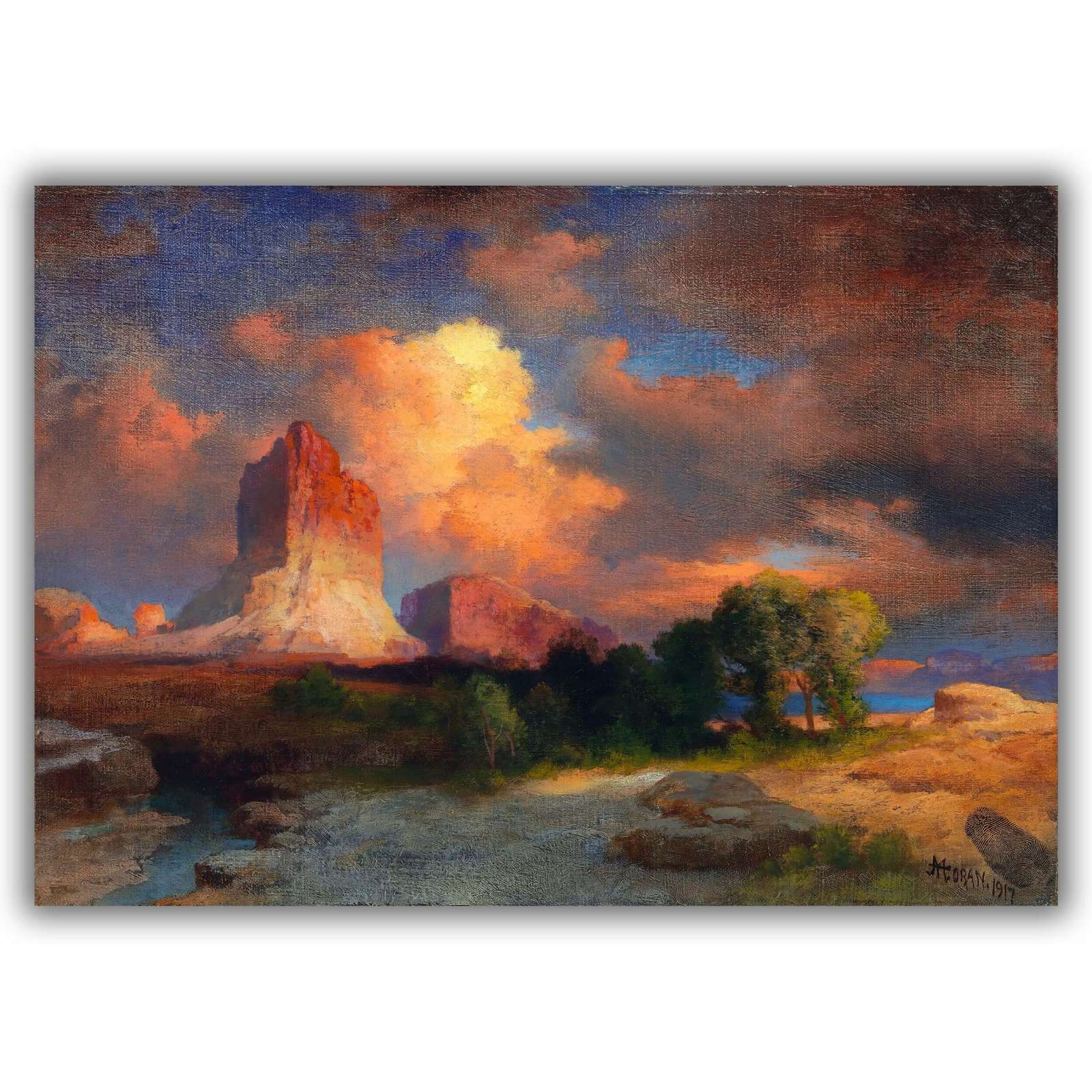 Reprodukcija „Saulėlydžio debesis, Grin Riveris, Vajomingas“, Thomas Moran (1917)