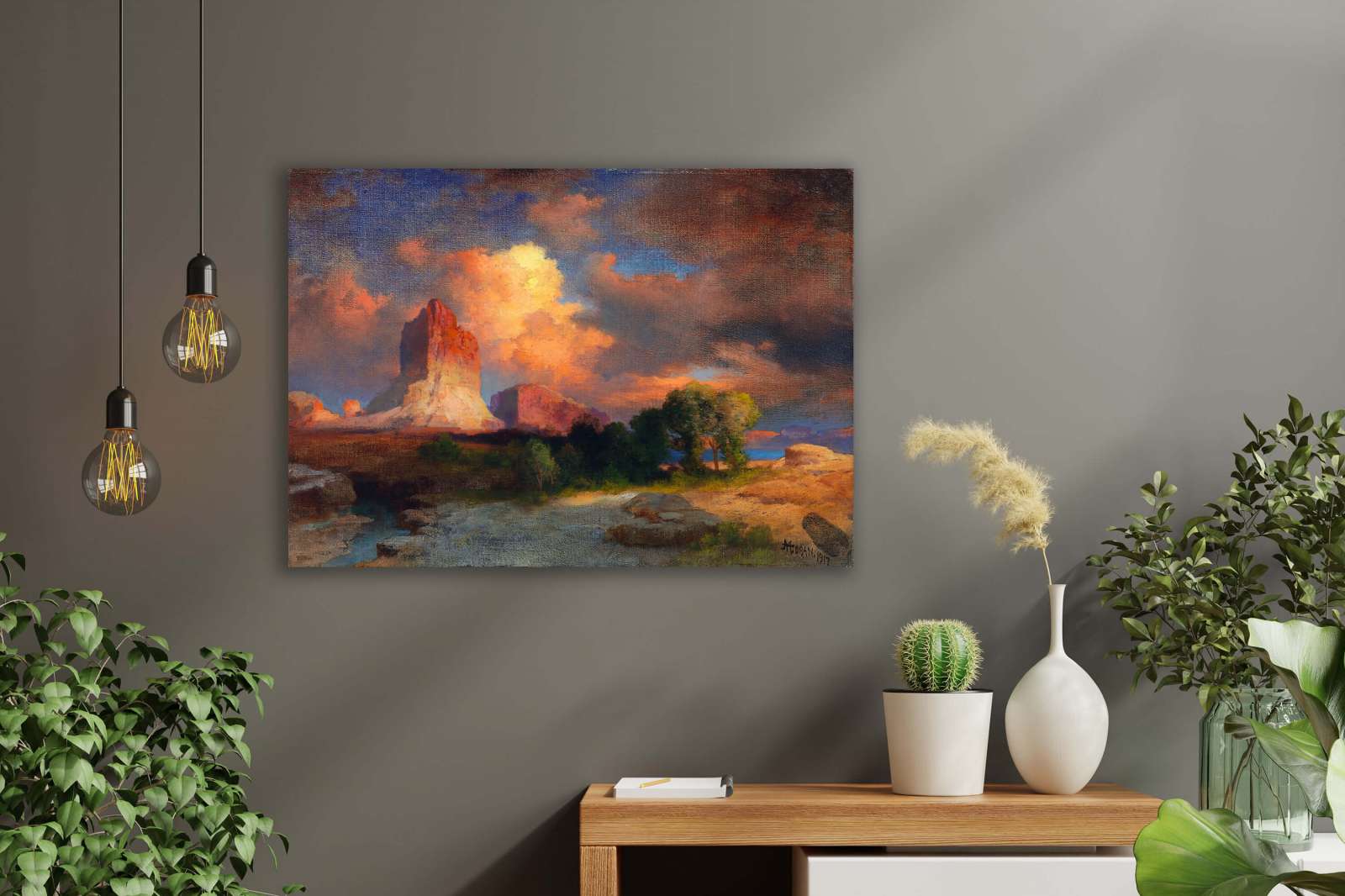 Reprodukcija „Saulėlydžio debesis, Grin Riveris, Vajomingas“, Thomas Moran (1917)