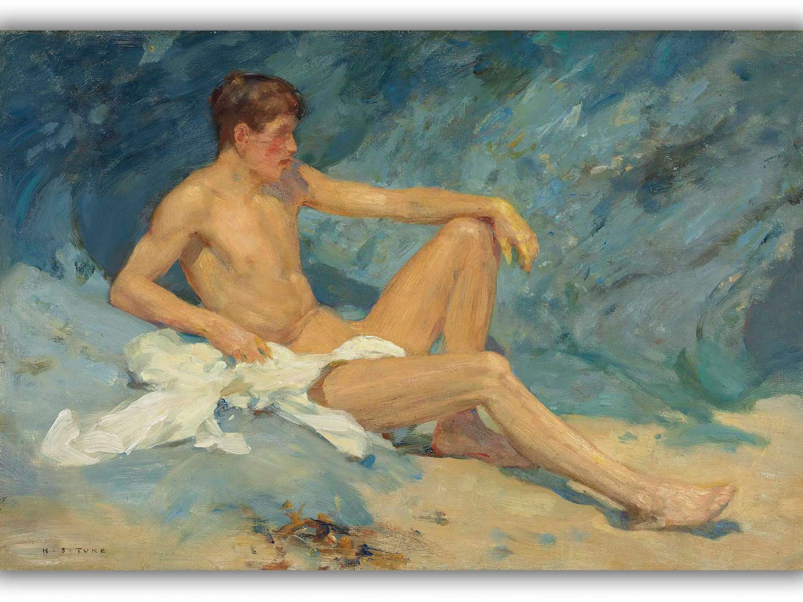 Reprodukcija „Nuogas vyras, gulintis ant uolų“, Henry Scott Tuke