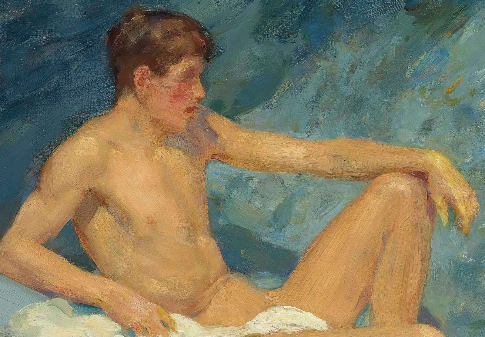 Reprodukcija „Nuogas vyras, gulintis ant uolų“, Henry Scott Tuke