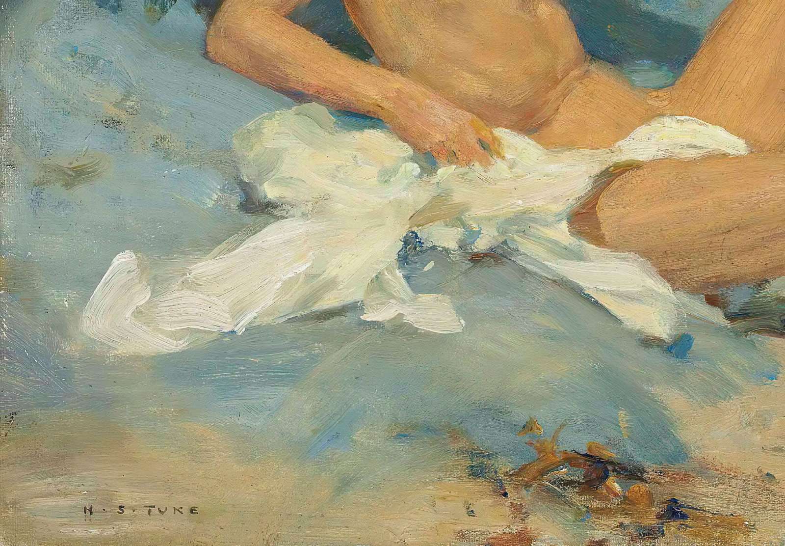 Reprodukcija „Nuogas vyras, gulintis ant uolų“, Henry Scott Tuke