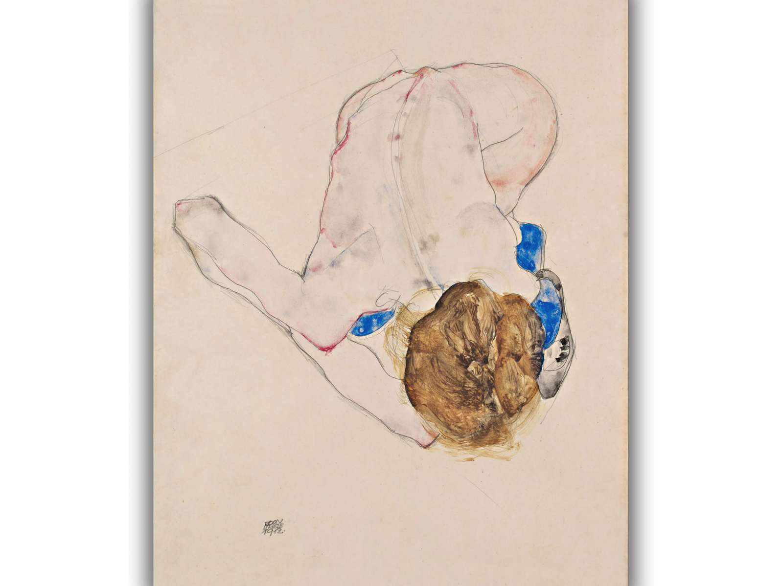 Reprodukcija „Pasilenkusi nuoga moteris mėlynomis kojinėmis“, Egon Schiele