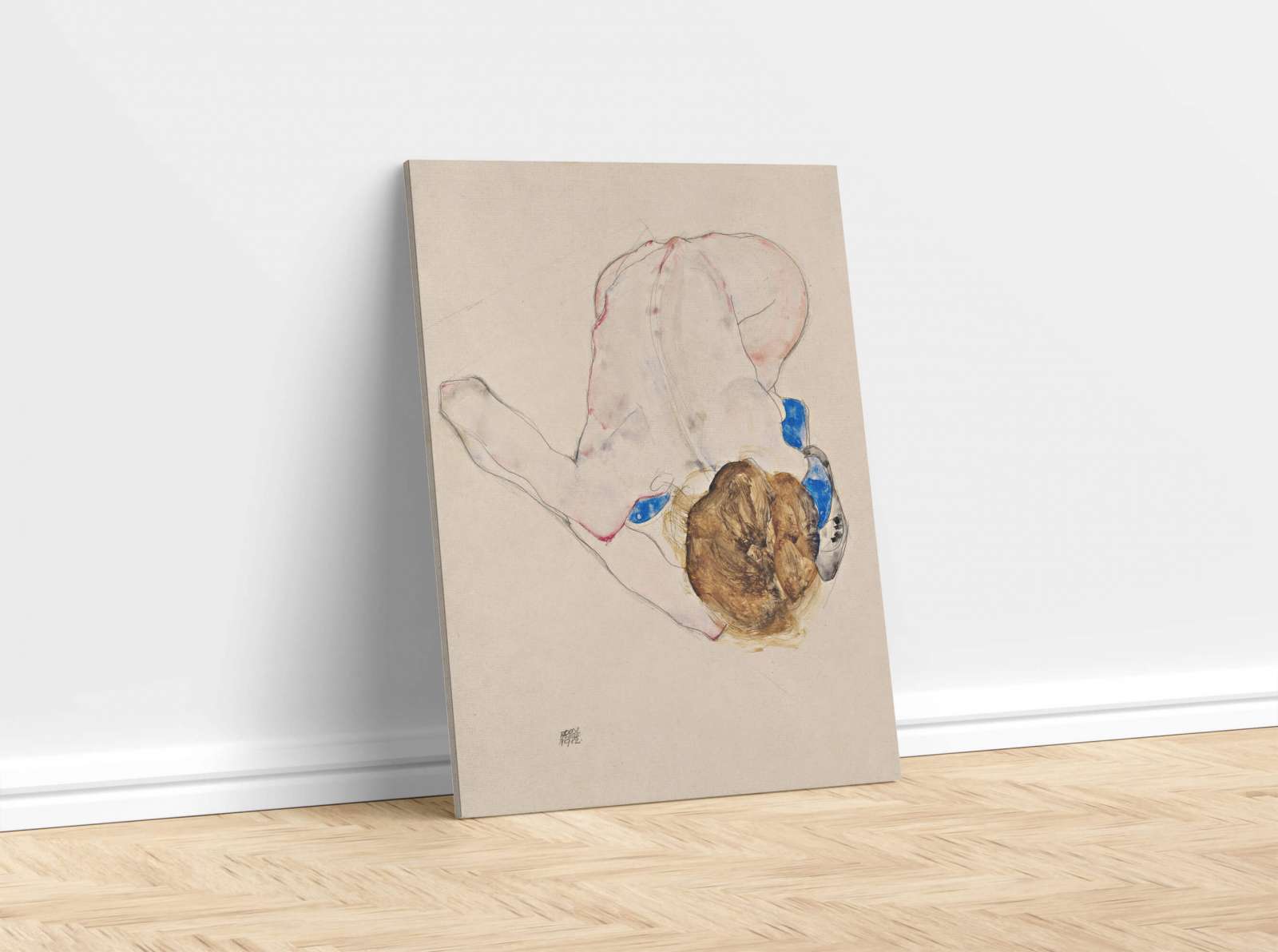 Reprodukcija „Pasilenkusi nuoga moteris mėlynomis kojinėmis“, Egon Schiele