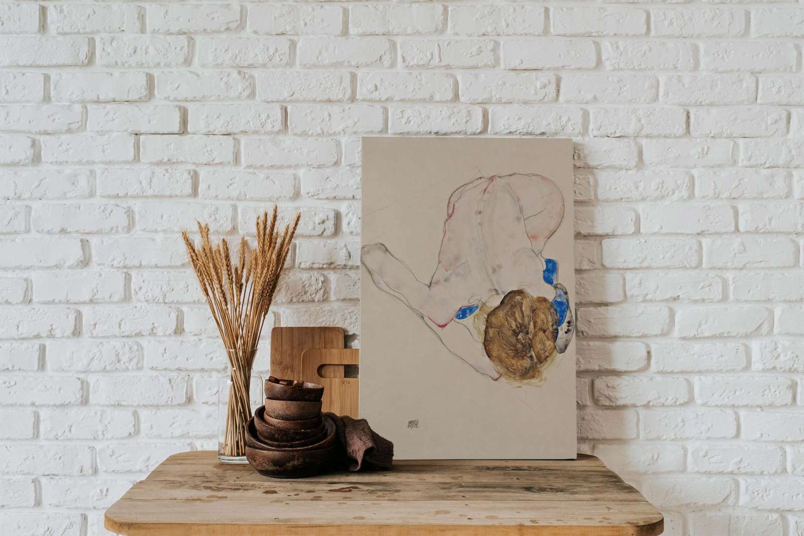 Reprodukcija „Pasilenkusi nuoga moteris mėlynomis kojinėmis“, Egon Schiele