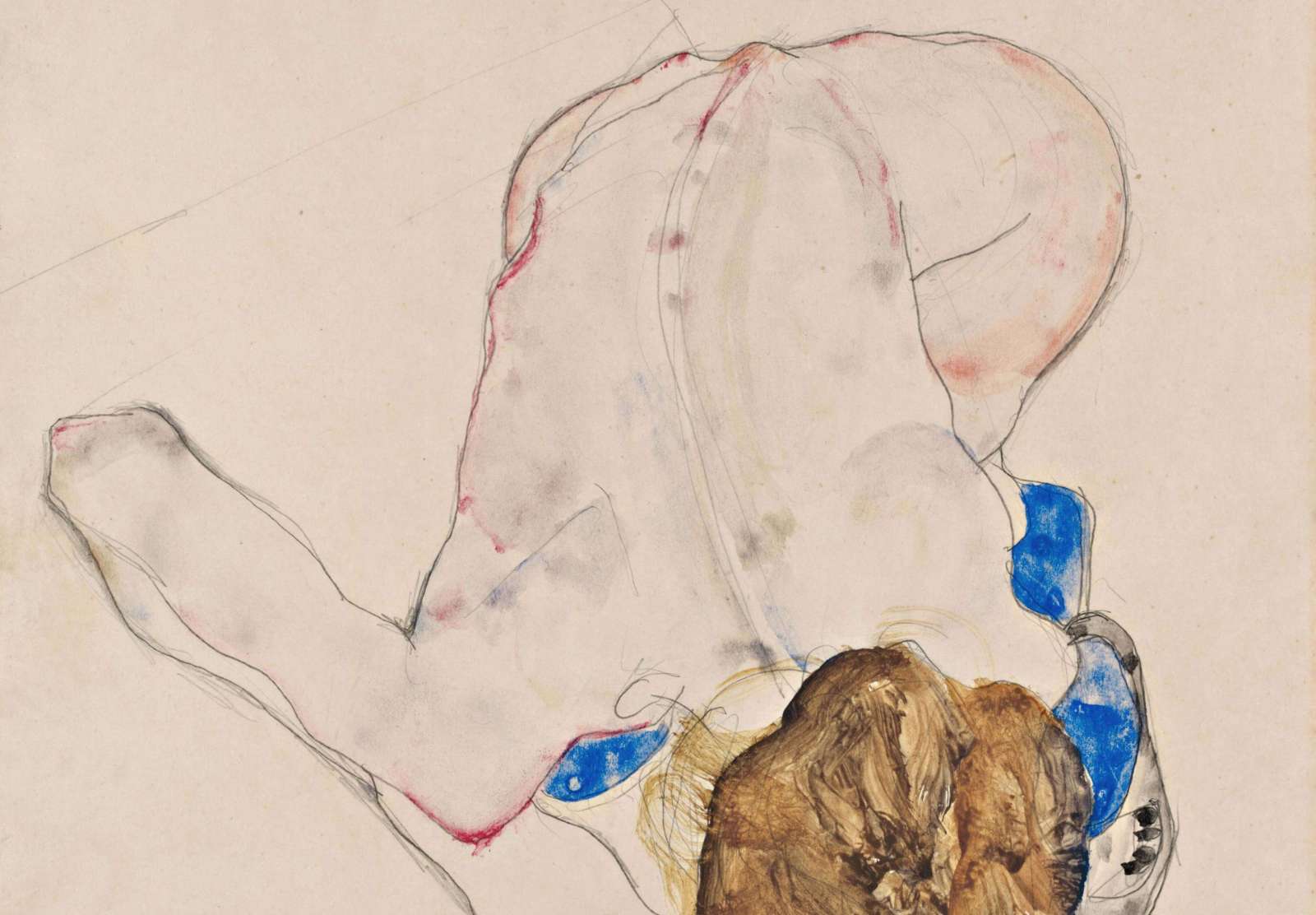 Reprodukcija „Pasilenkusi nuoga moteris mėlynomis kojinėmis“, Egon Schiele